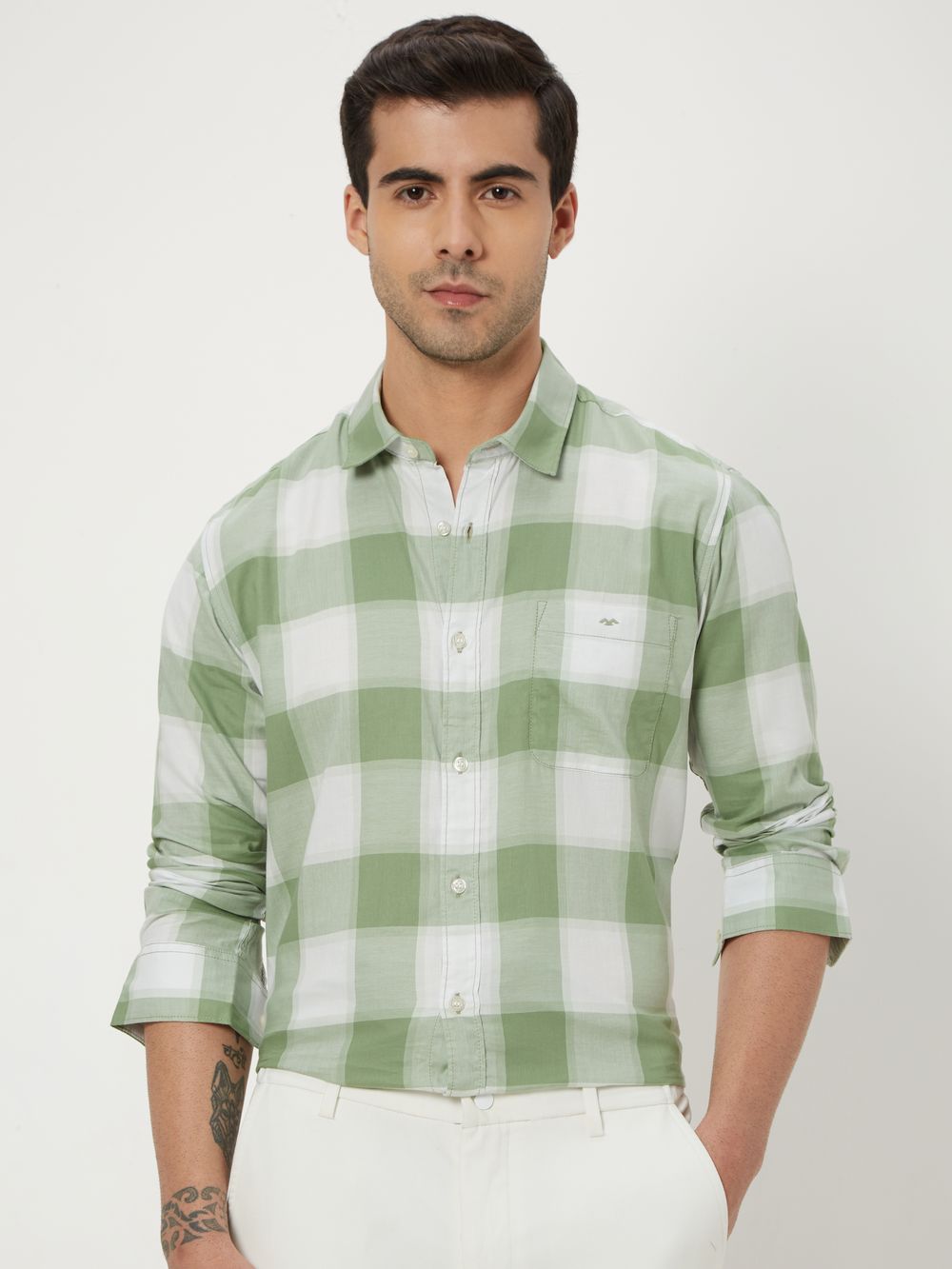 Light Olive Large Check Slim Fit Casual Shirt