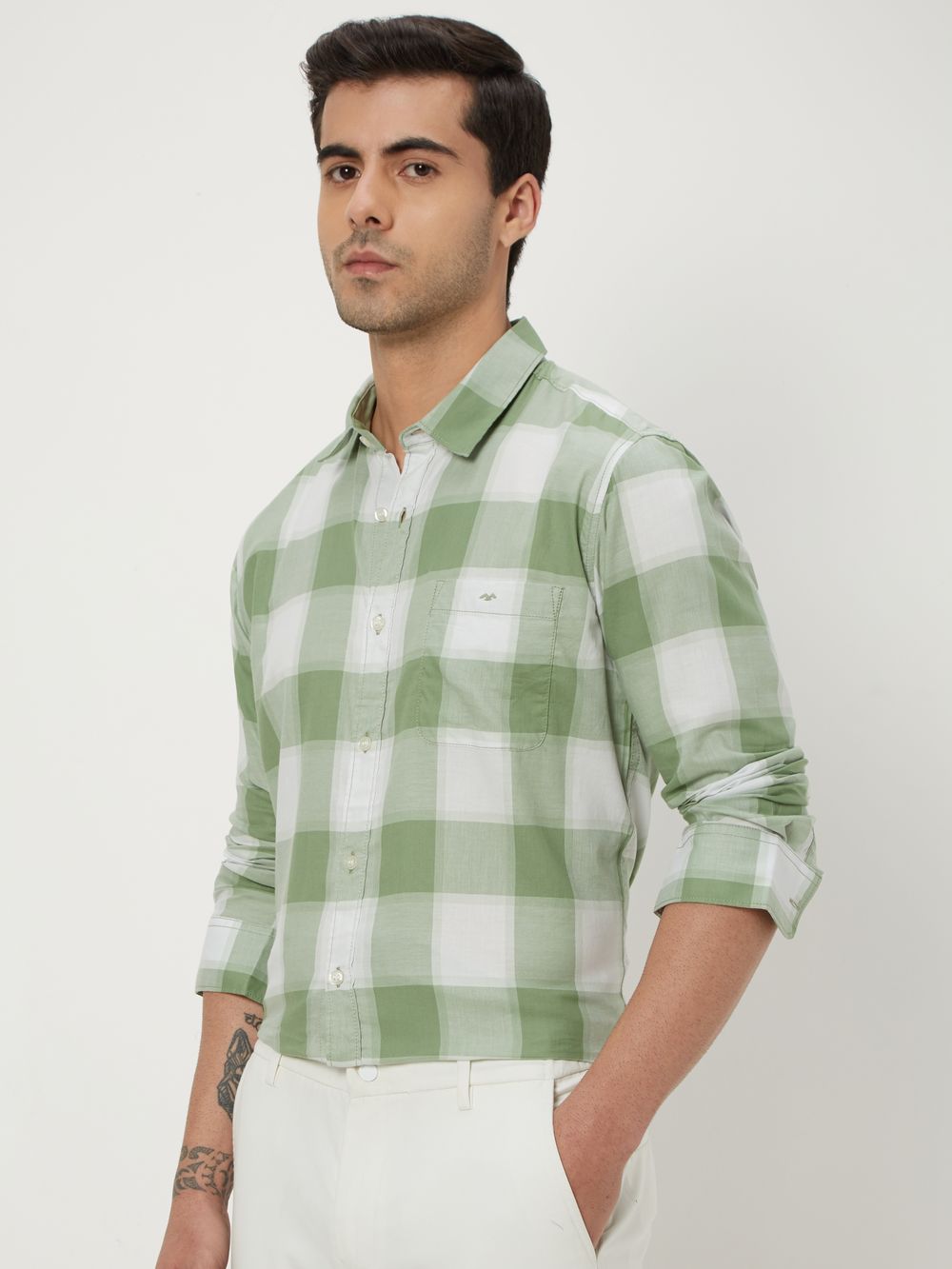 Light Olive Large Check Slim Fit Casual Shirt