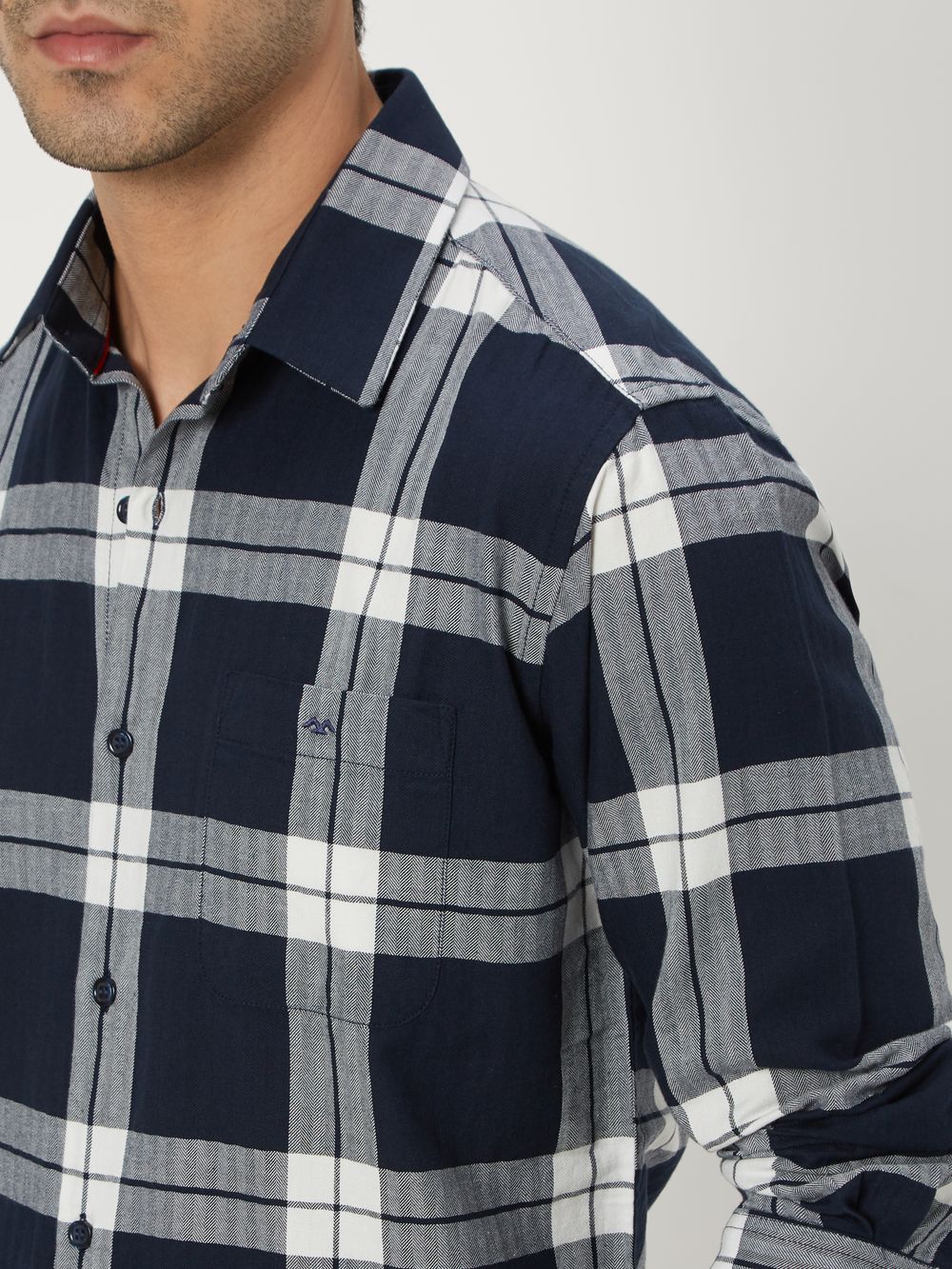 Navy Large Check Slim Fit Casual Shirt
