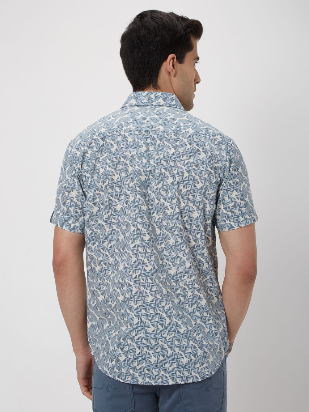 Blue & Off White Abstract Print Slub Shirt