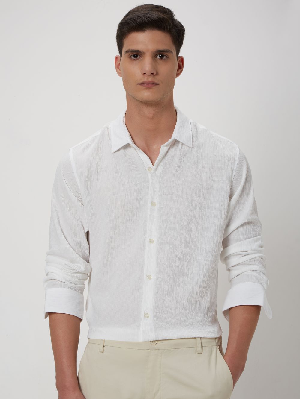 White Textured Plain Stretch Shirt