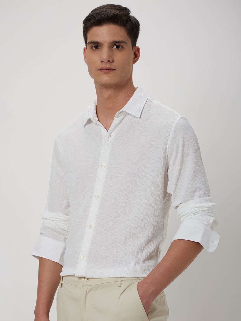 White Textured Plain Stretch Shirt