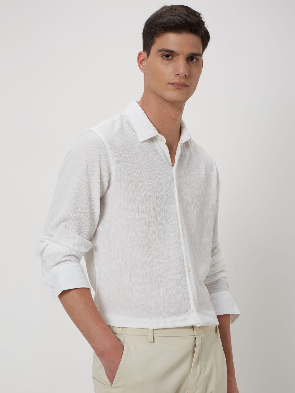 White Textured Plain Stretch Shirt