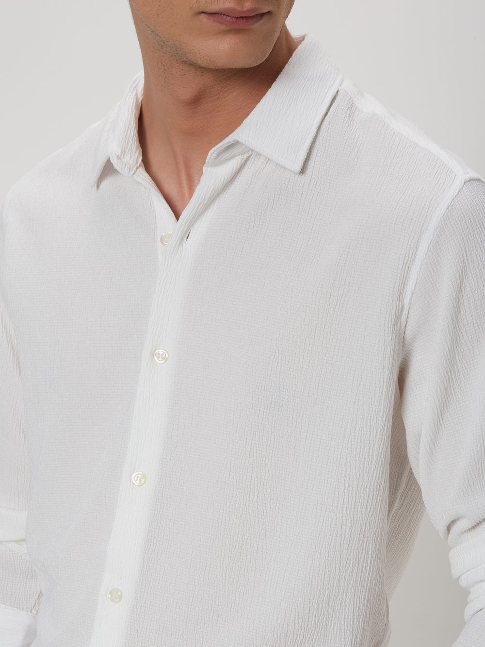 White Textured Plain Stretch Shirt