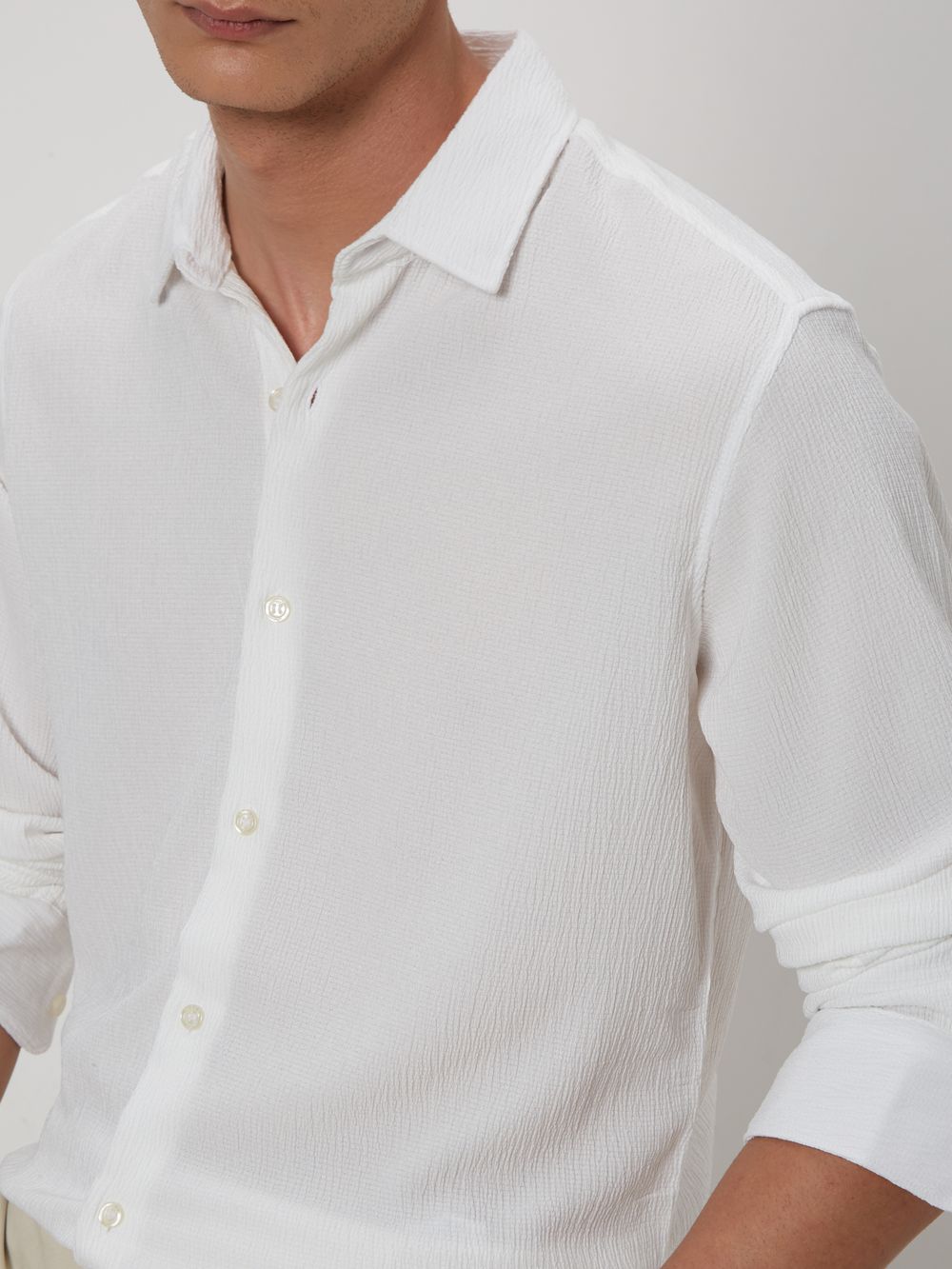 White Textured Plain Stretch Shirt