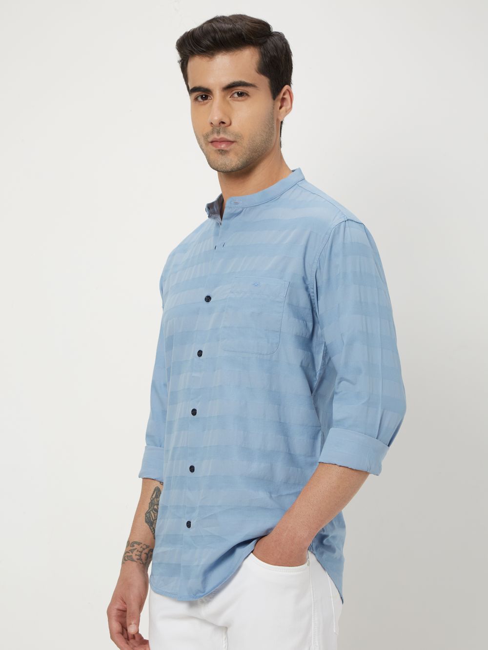Blue Textured Plain Slim Fit Casual Shirt