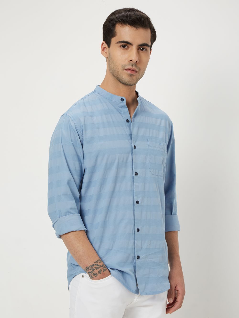 Blue Textured Plain Slim Fit Casual Shirt