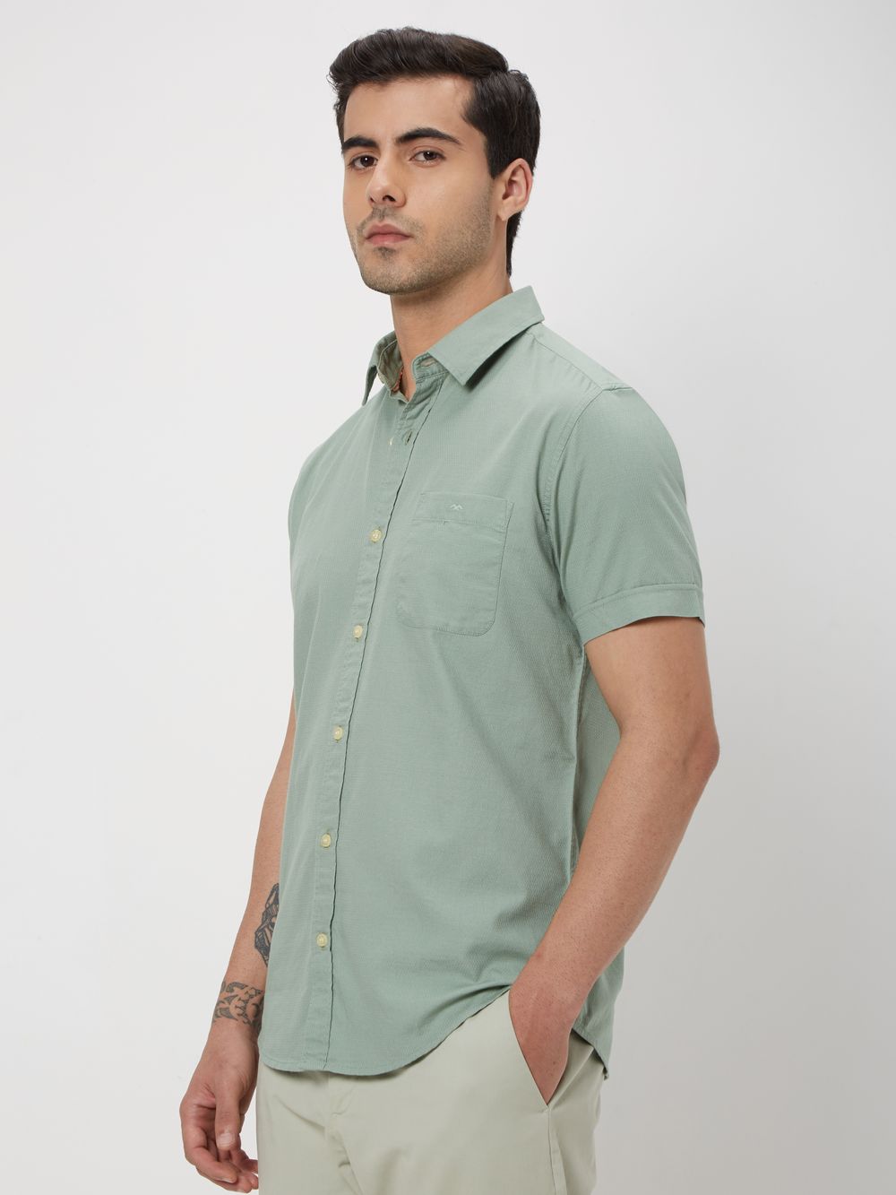 Light Olive Textured Plain Slim Fit Casual Shirt