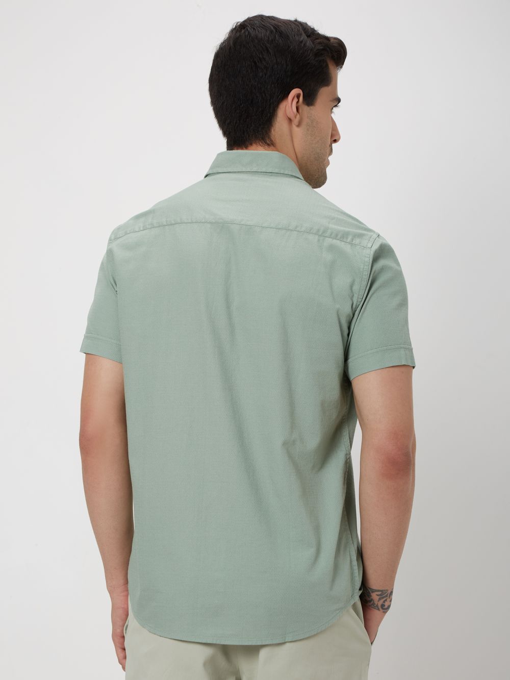 Light Olive Textured Plain Slim Fit Casual Shirt