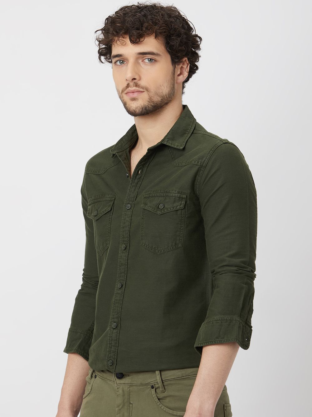 Olive Western Plain Slim Fit Casual Shirt