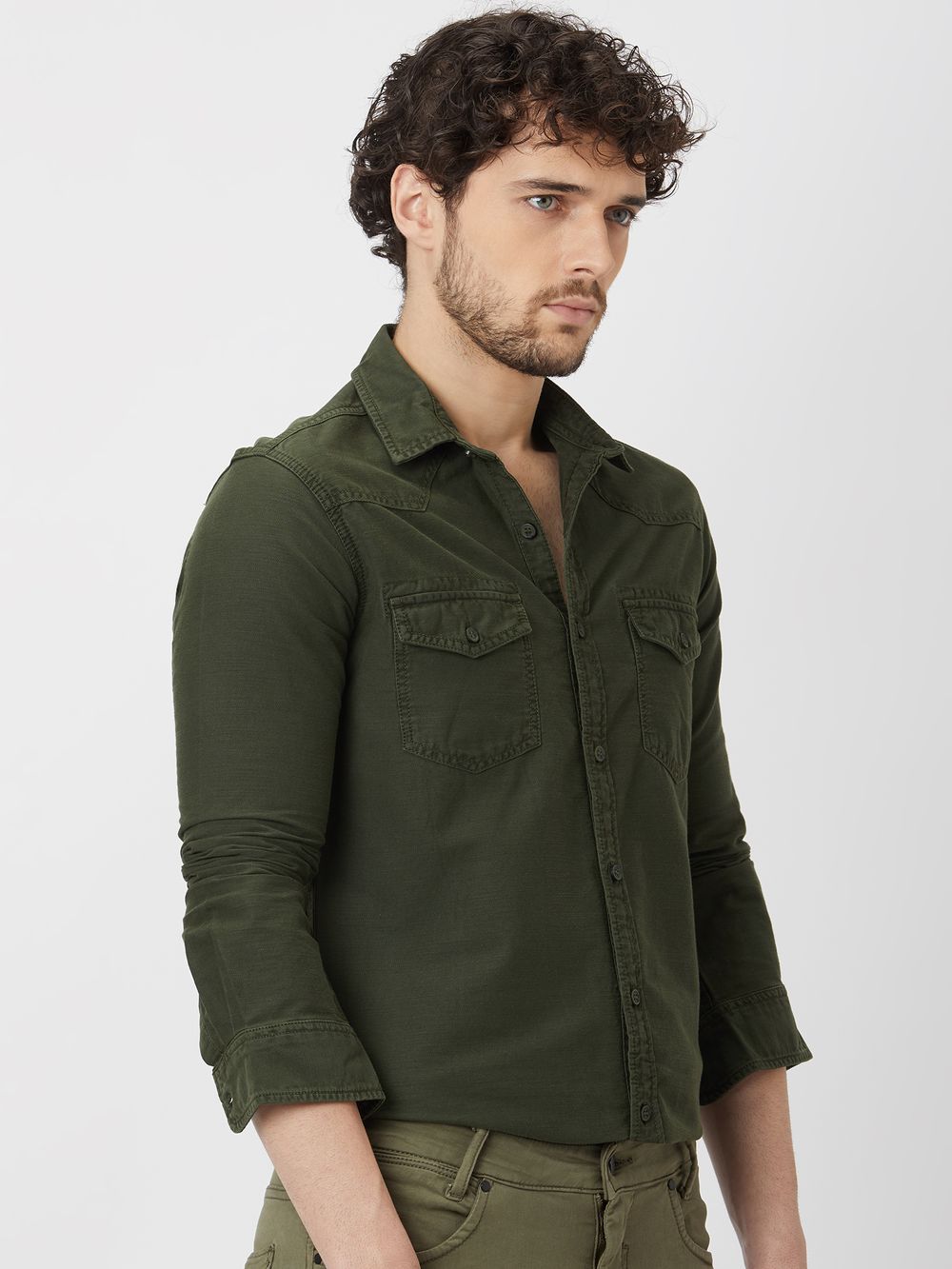 Olive Western Plain Slim Fit Casual Shirt