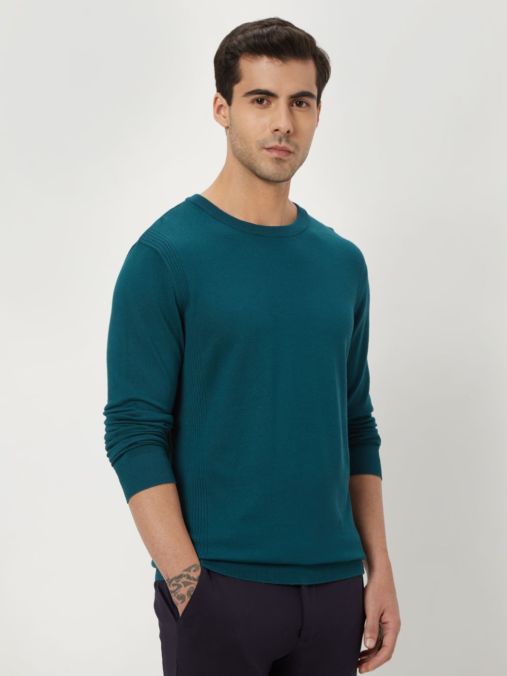 Green Textured Slim Fit Flatknit