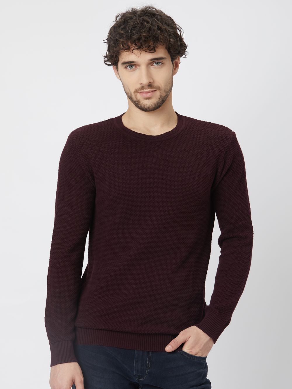 Maroon Textured Slim Fit Sweater