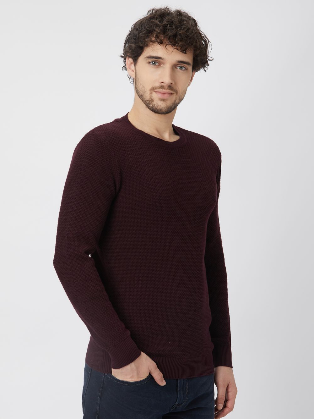 Maroon Textured Slim Fit Sweater