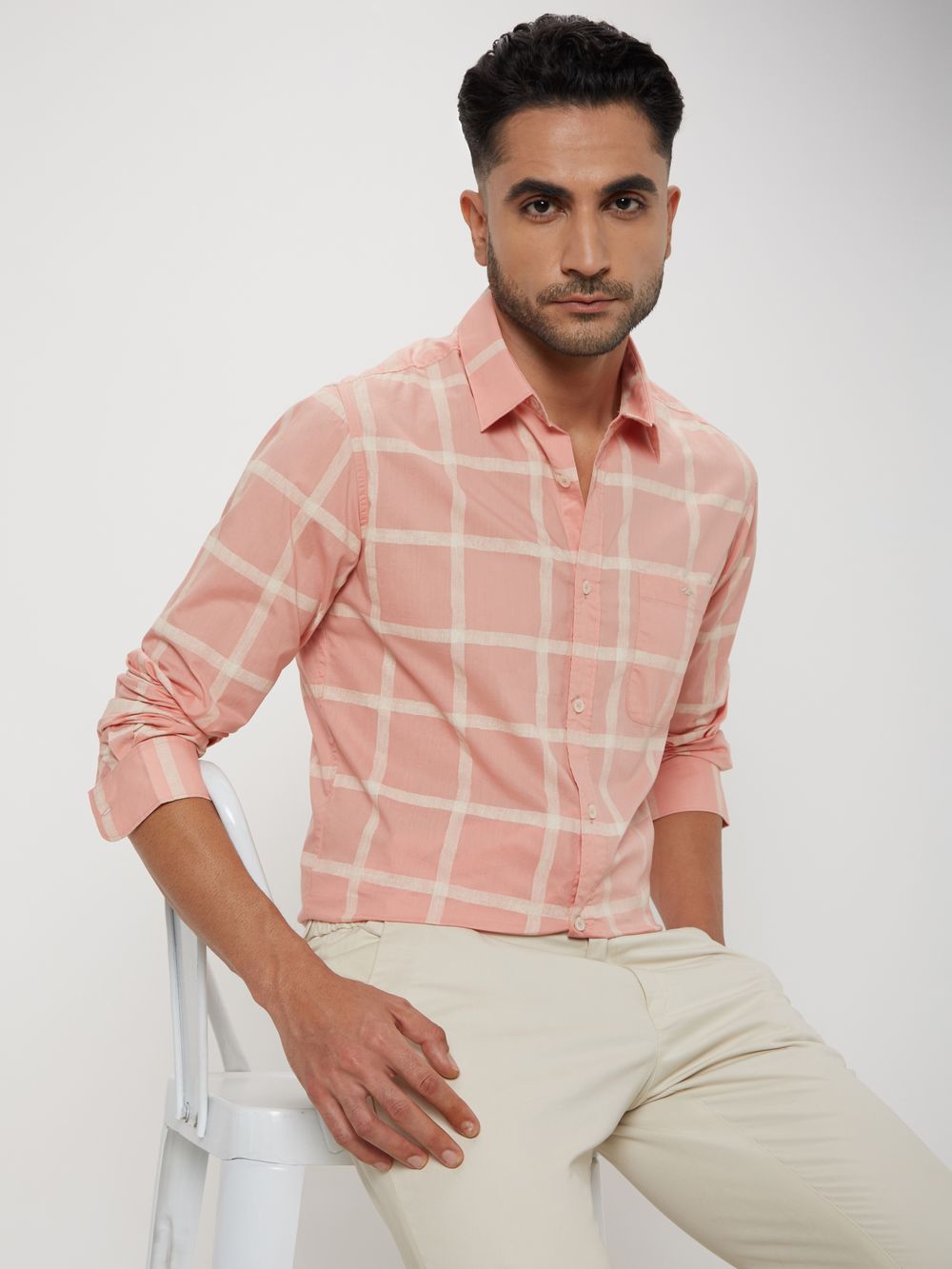 Pink & Off White Painted Check Lightweight Shirt