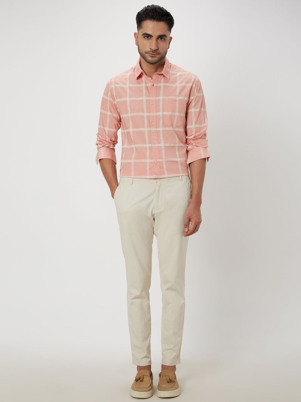 Pink & Off White Painted Check Lightweight Shirt