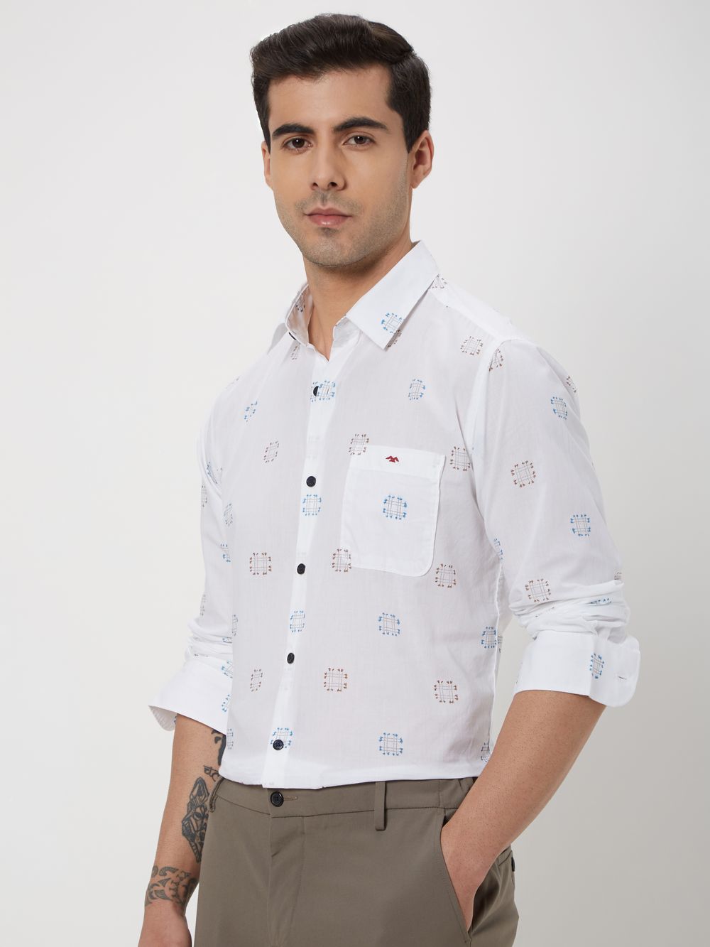 White & Multi Geometric Print Shirt