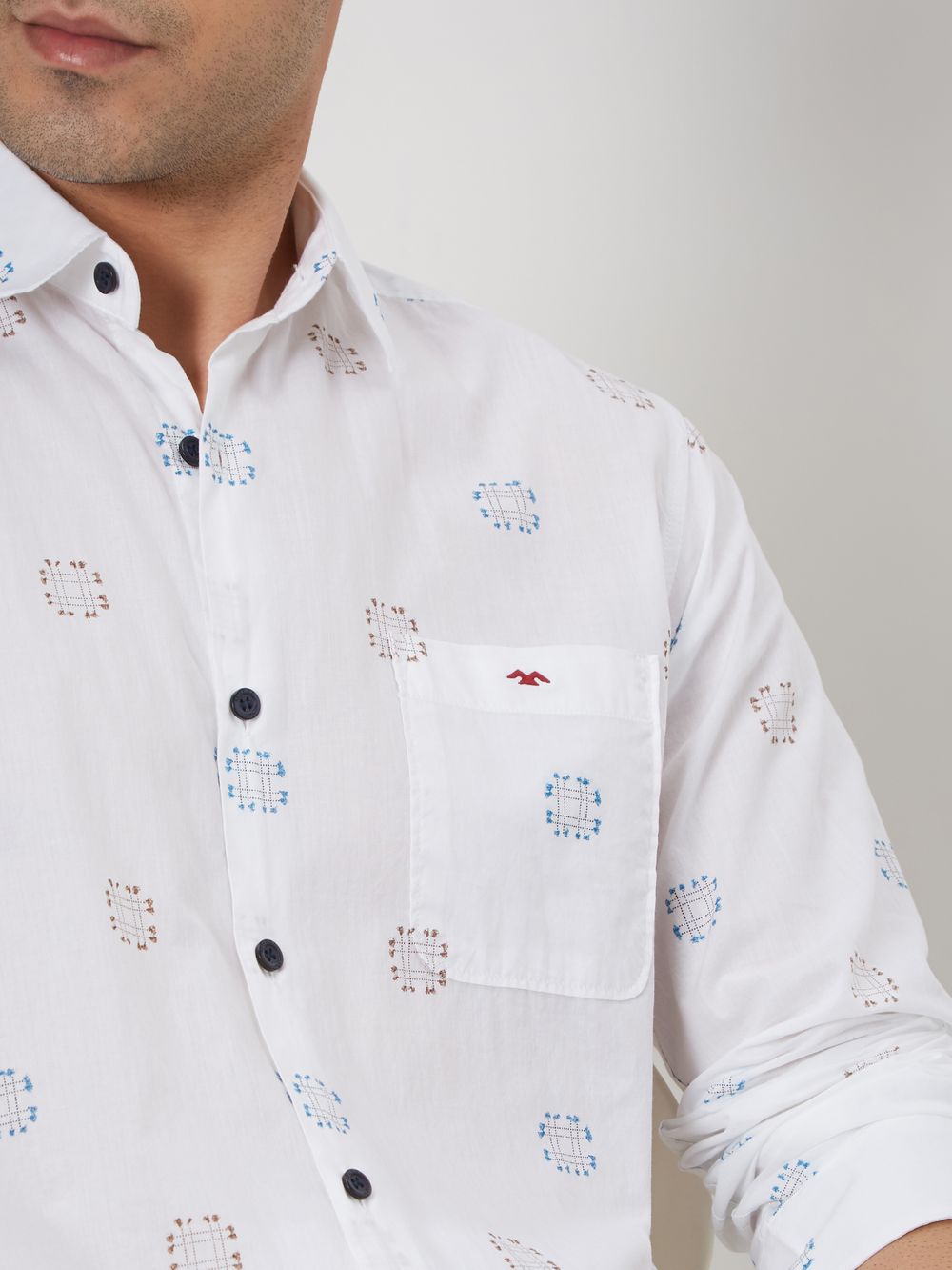 White & Multi Geometric Print Shirt