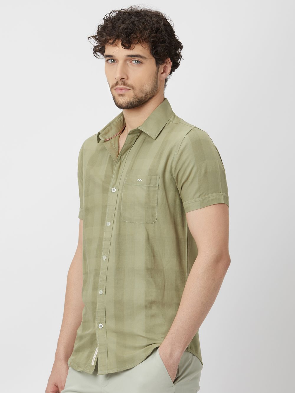 Light Olive Textured Plain Shirt