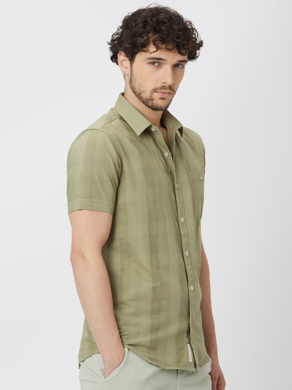 Light Olive Textured Plain Shirt