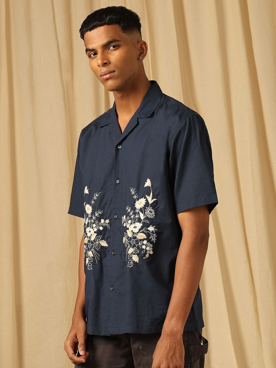 Embroidered Plain Loose Fit Casual Shirt