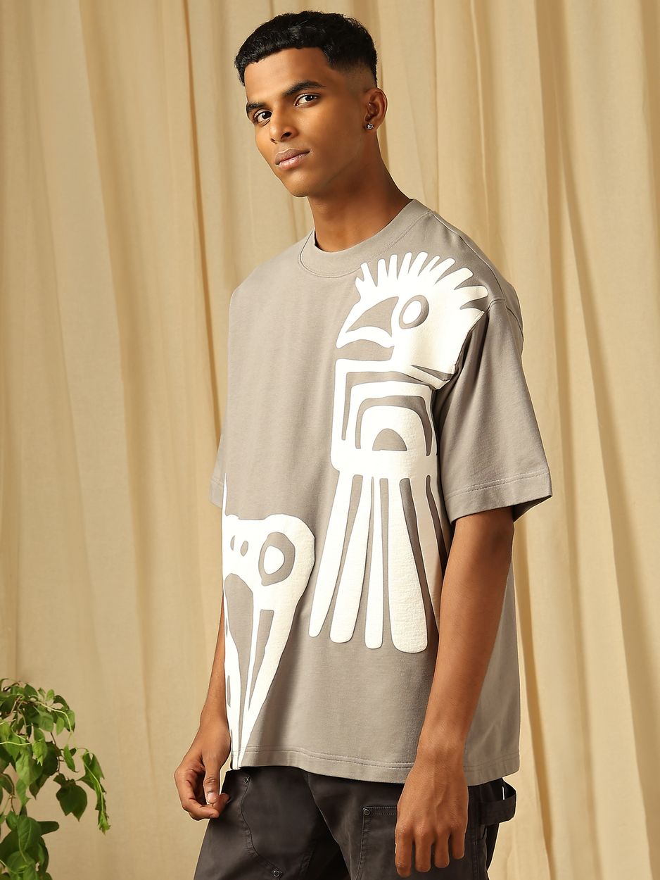 Grey Puff Print Oversized Loose Fit Jersey Tee