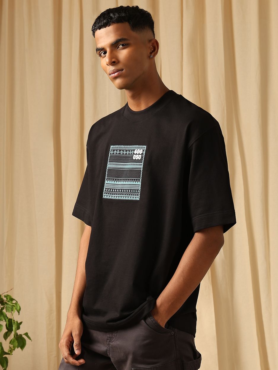 Black Chest Print Oversized Loose Fit Jersey Tee