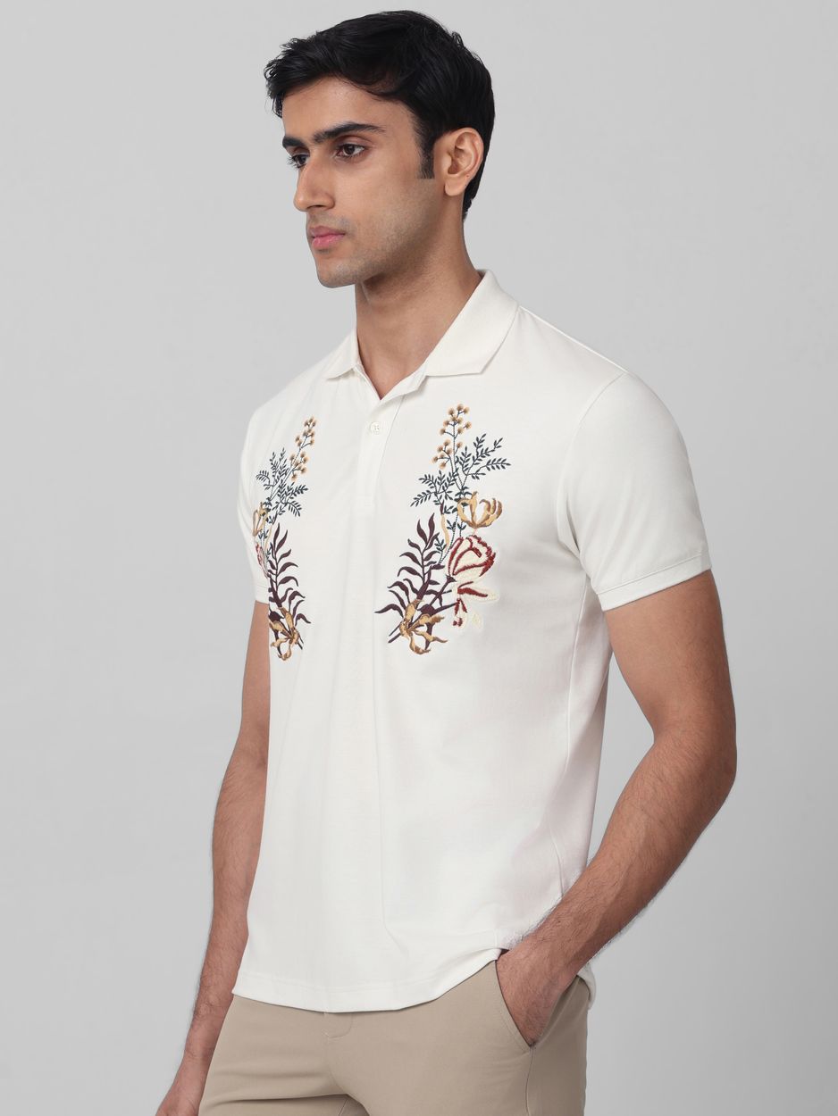 White Embroidered Plain Half Sleeve Casual T-Shirt