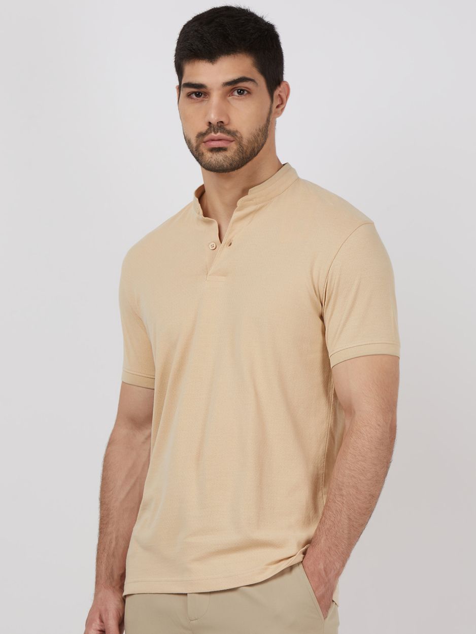 Beige Textured Plain Half Sleeve Casual Henley