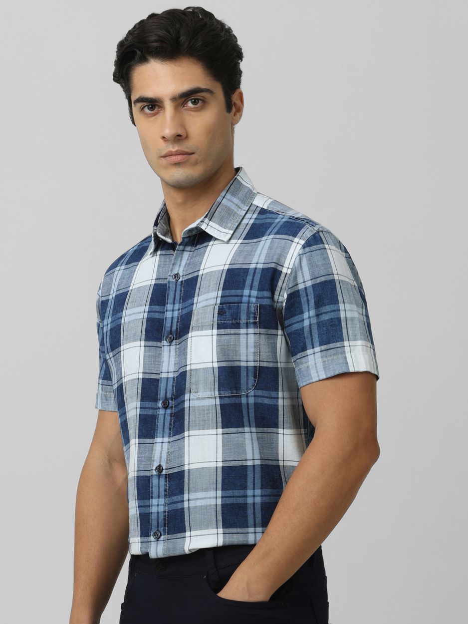 Indigo Blue Denim Check Slim Fit Casual Shirt