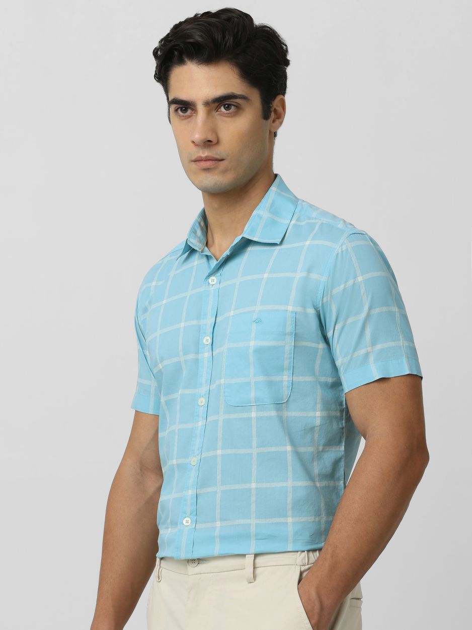 Turquoise Windowpane Check Slim Fit Casual Shirt