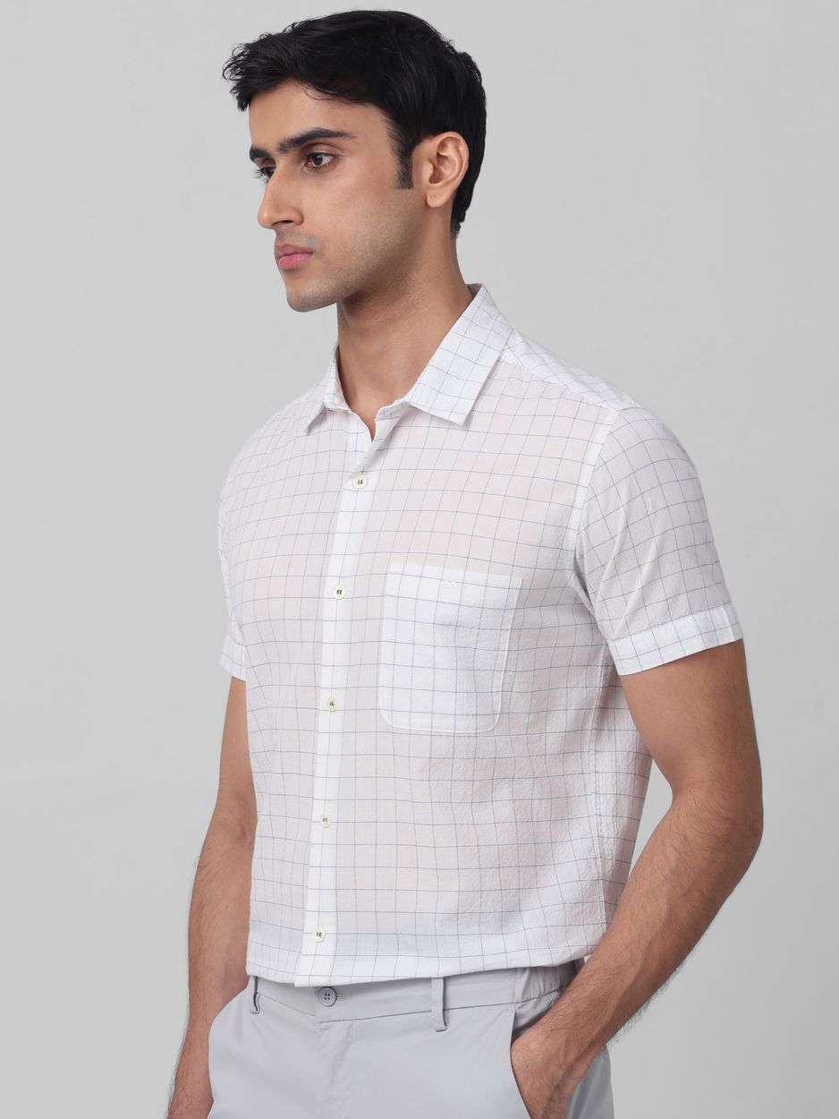 White Textured Check Slim Fit Casual Shirt