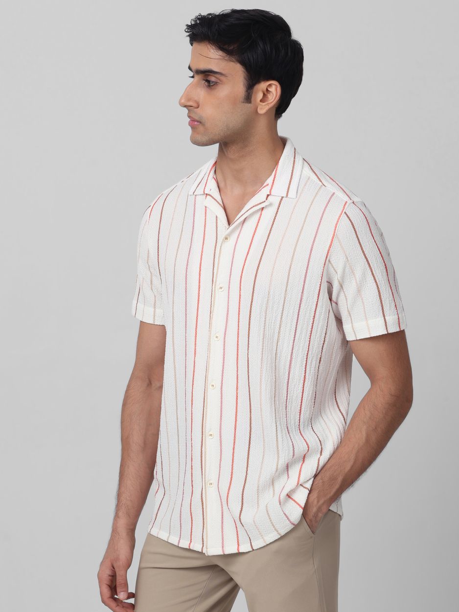 White Textured Stripe Relaxed Fit Casual Shirt