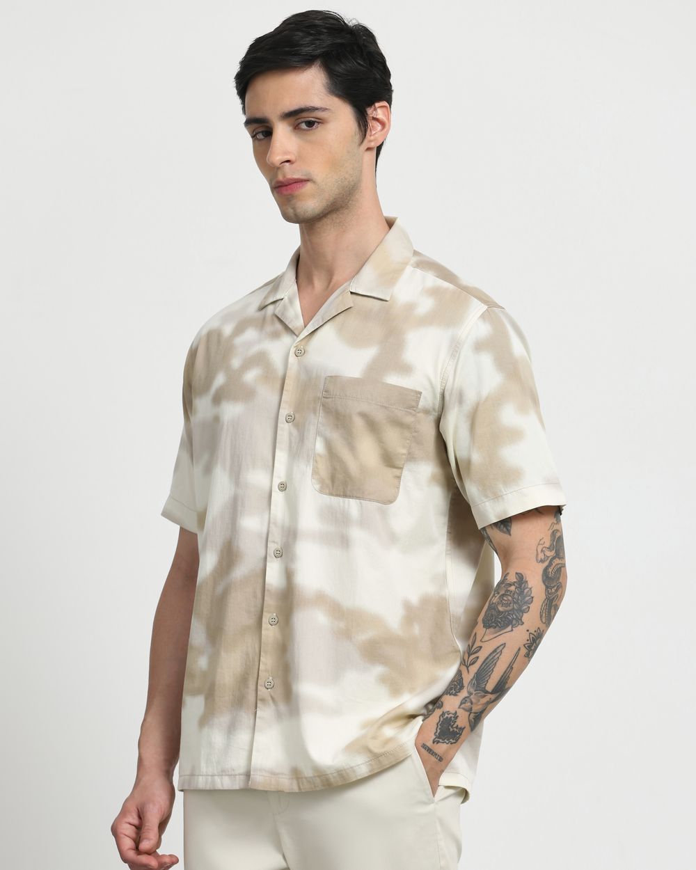 Beige Cloud Print Slim Fit Casual Shirt