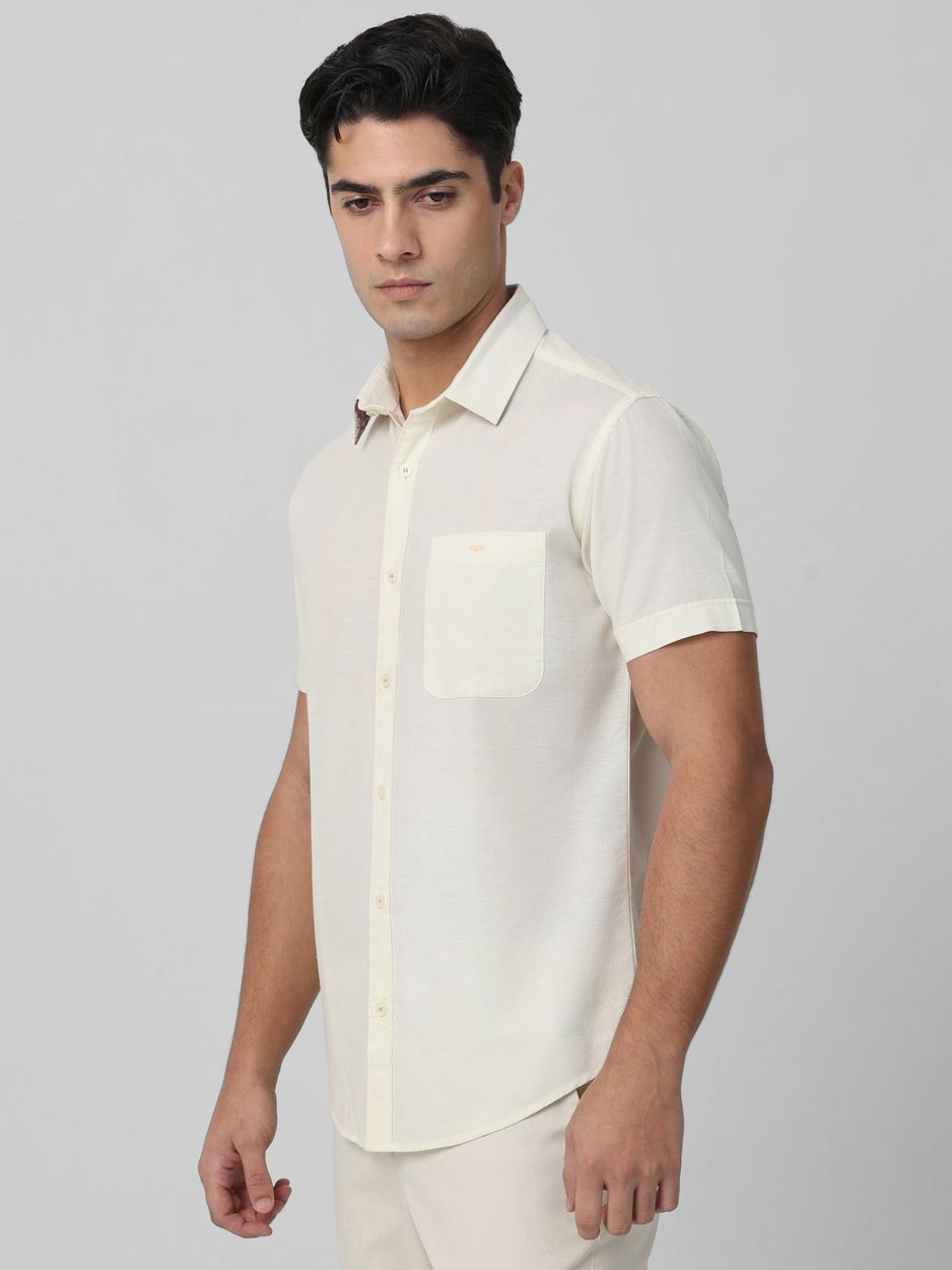 Light Yellow Cotton Linen Plain Slim Fit Casual Shirt