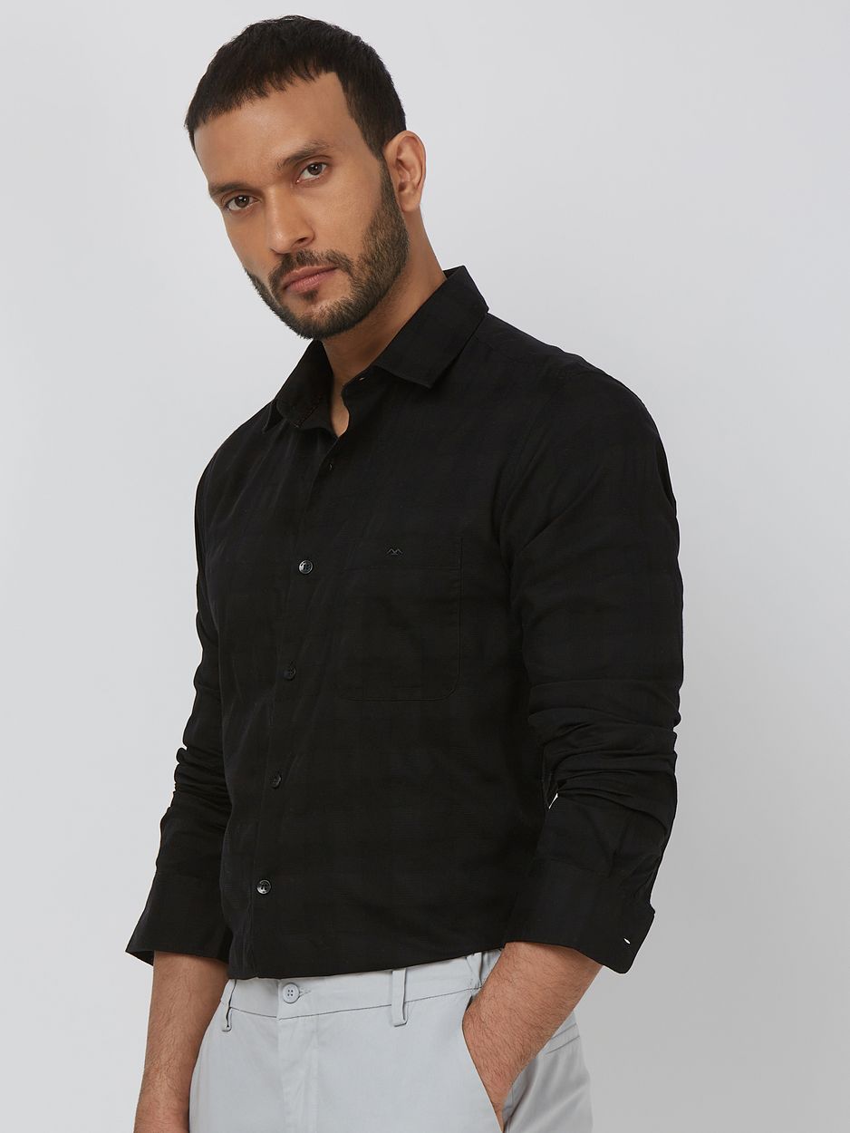 Black Textured Check Slim Fit Casual Shirt