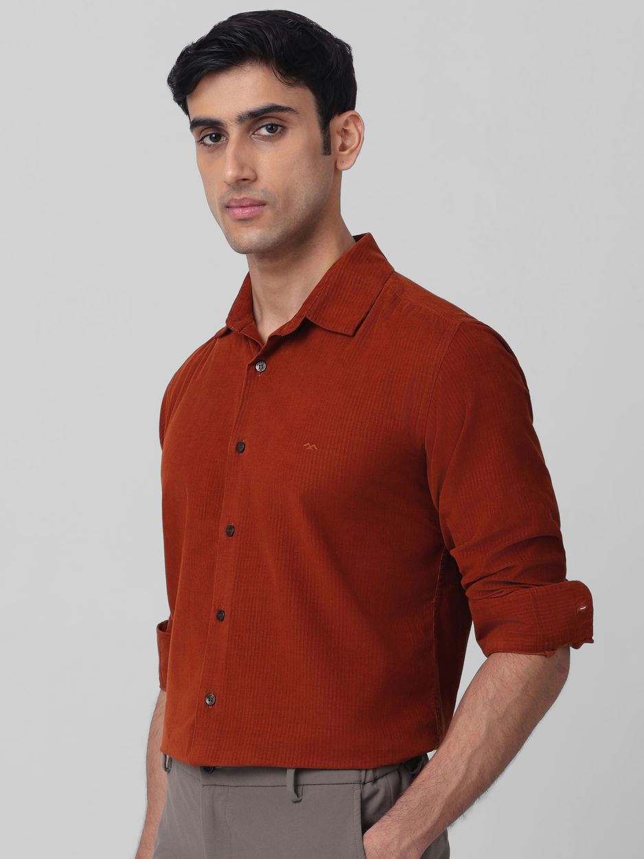 Rust Corduroy Plain Slim Fit Casual Shirt