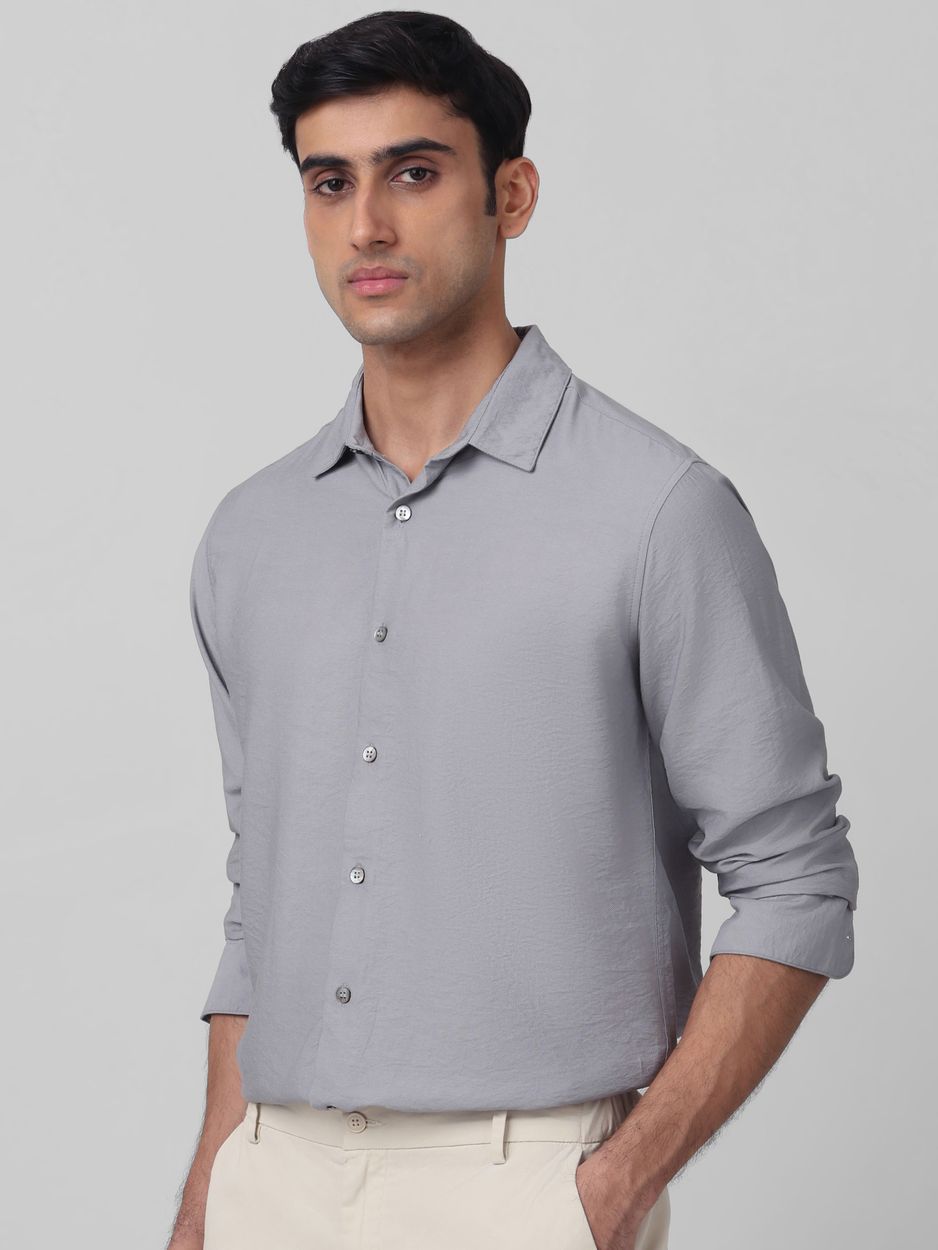 Grey Textured Plain Slim Fit Casual Shirt