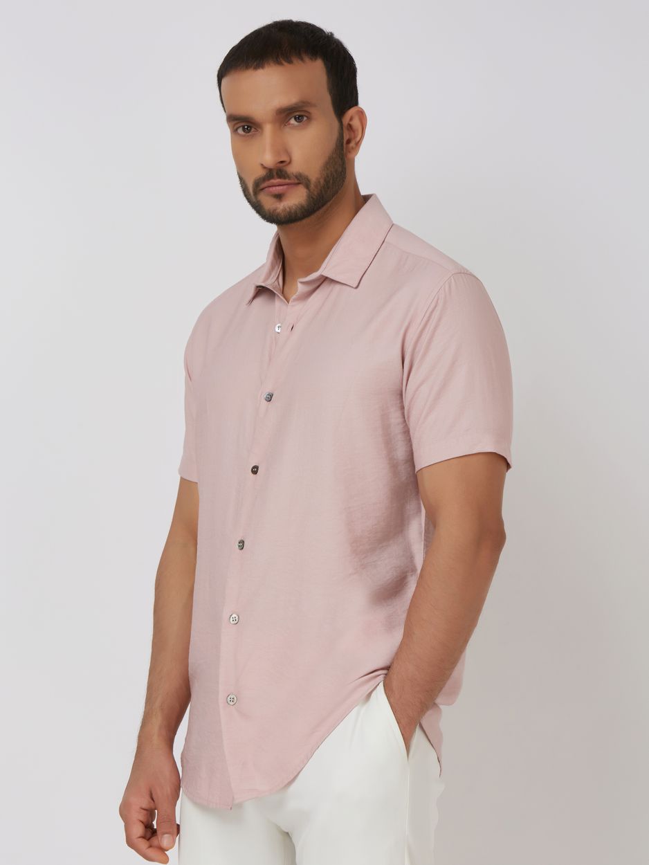Pastel Pink Textured Plain Slim Fit Casual Shirt