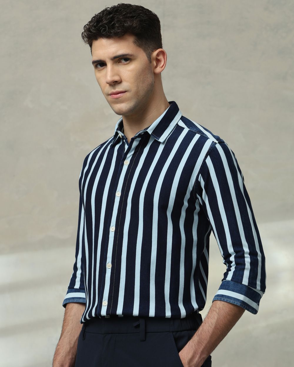 Indigo Blue Denim Stripe Slim Fit Casual Shirt