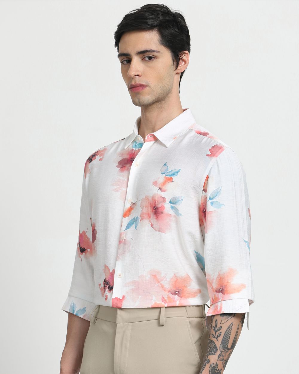 White Floral Print Slim Fit Casual Shirt