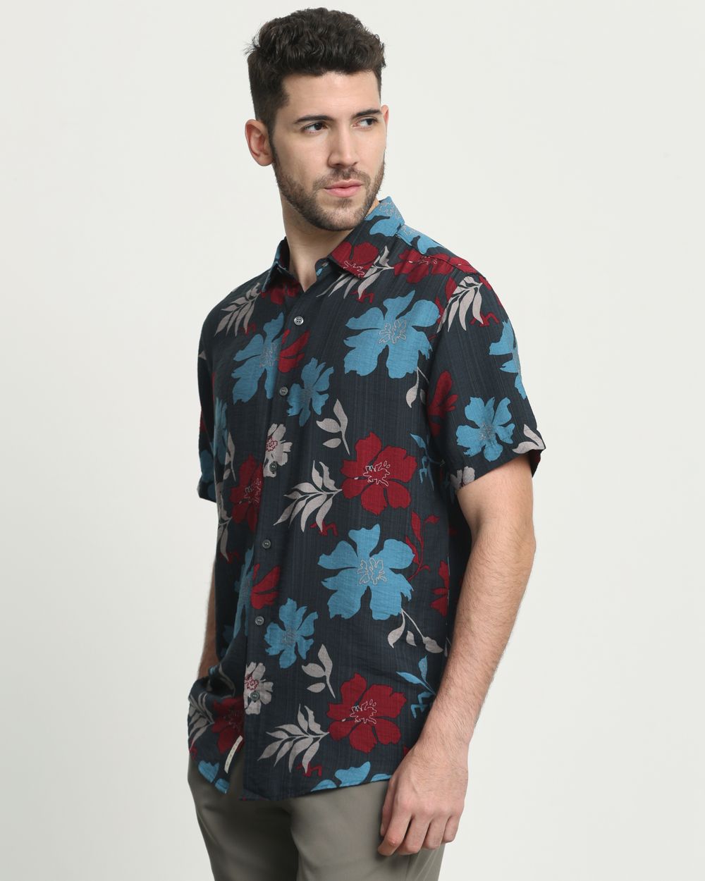 Dark Green Floral Print Slim Fit Casual Shirt