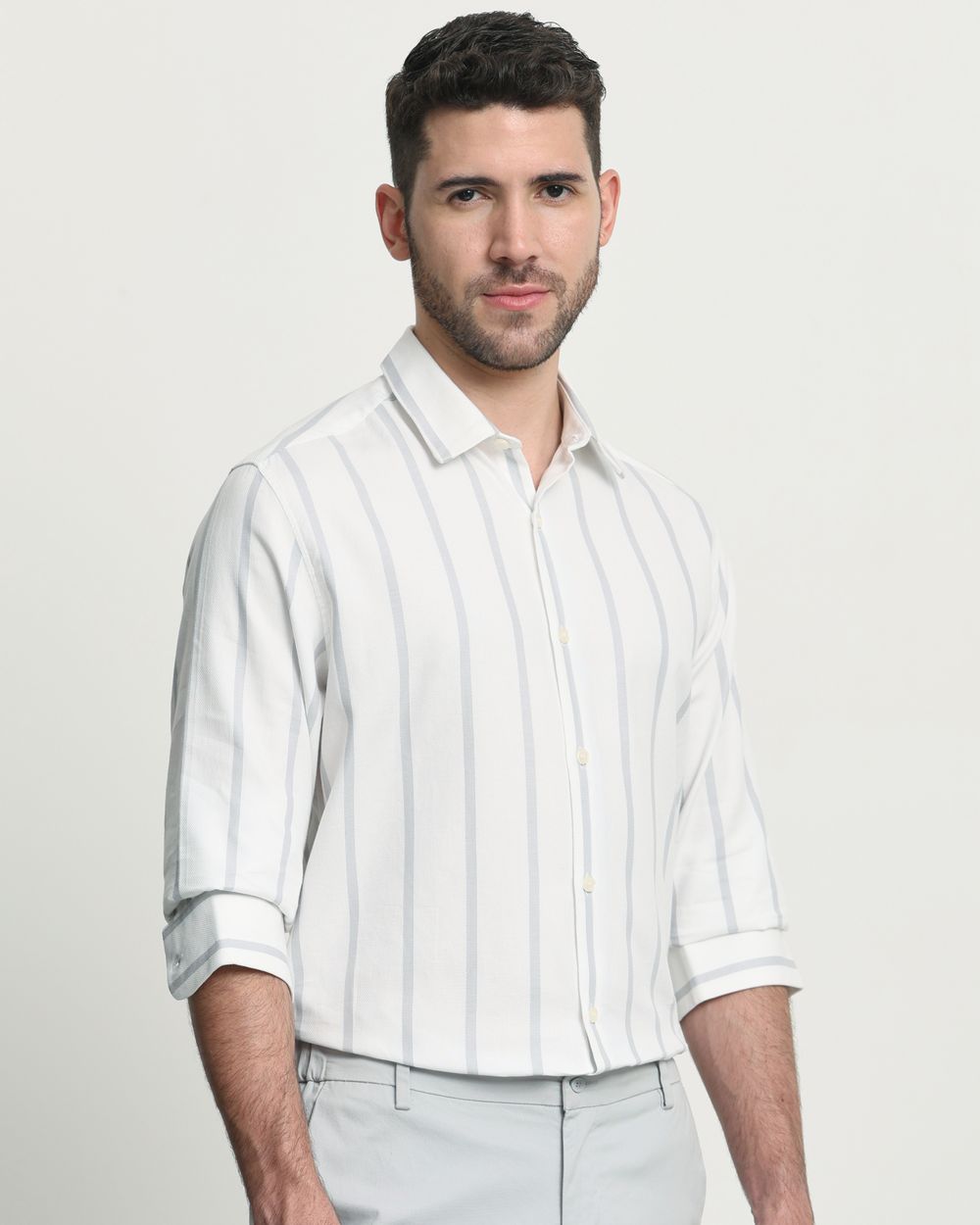 White Textured Stripe Slim Fit Casual Shirt