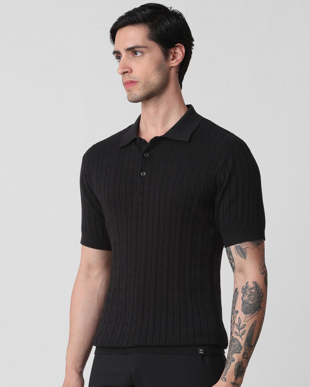 Black Self Stripe Flatknit Slim Fit Polo