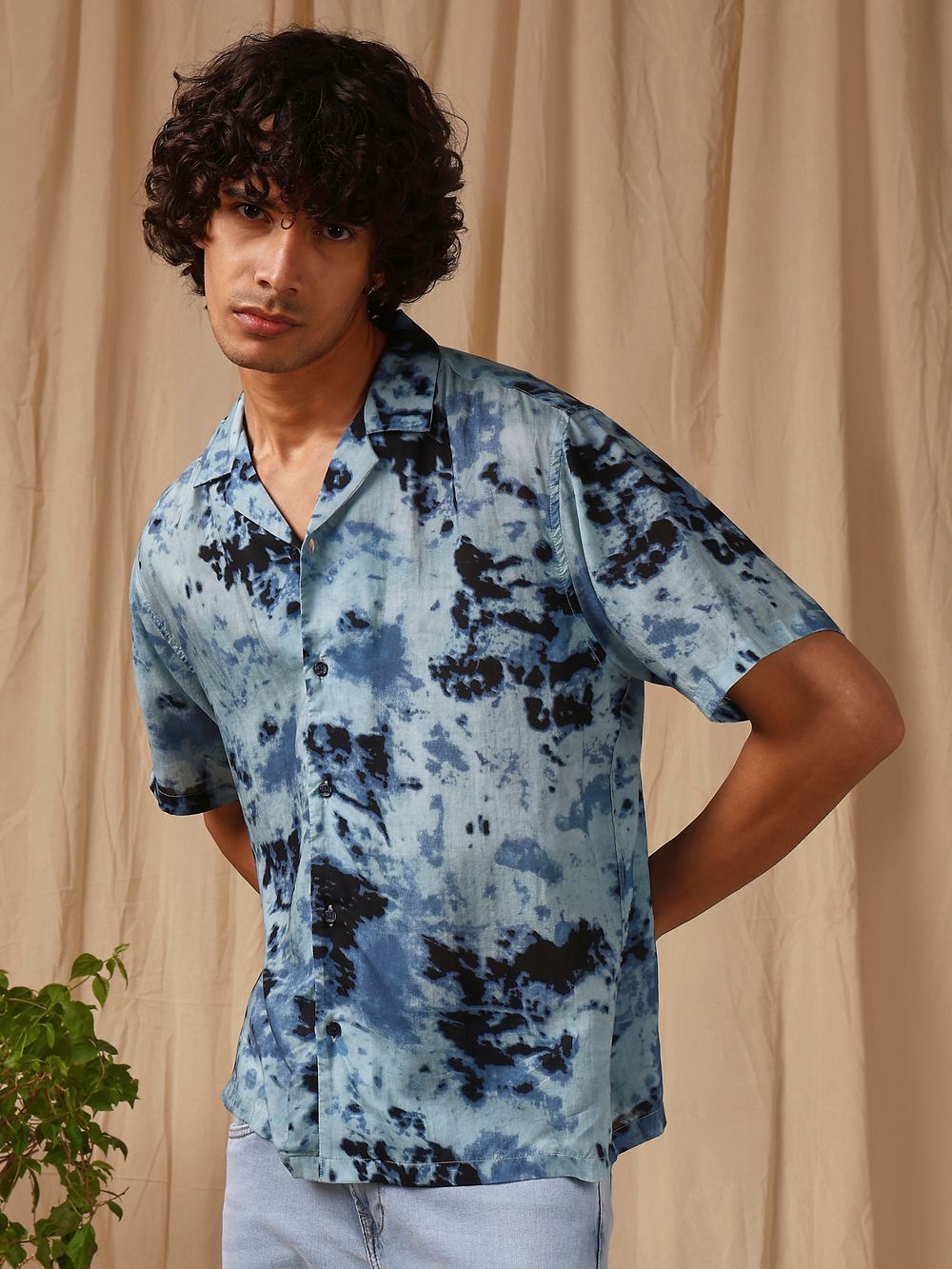 Blue Ink-Blot Print Loose Fit Casual Shirt