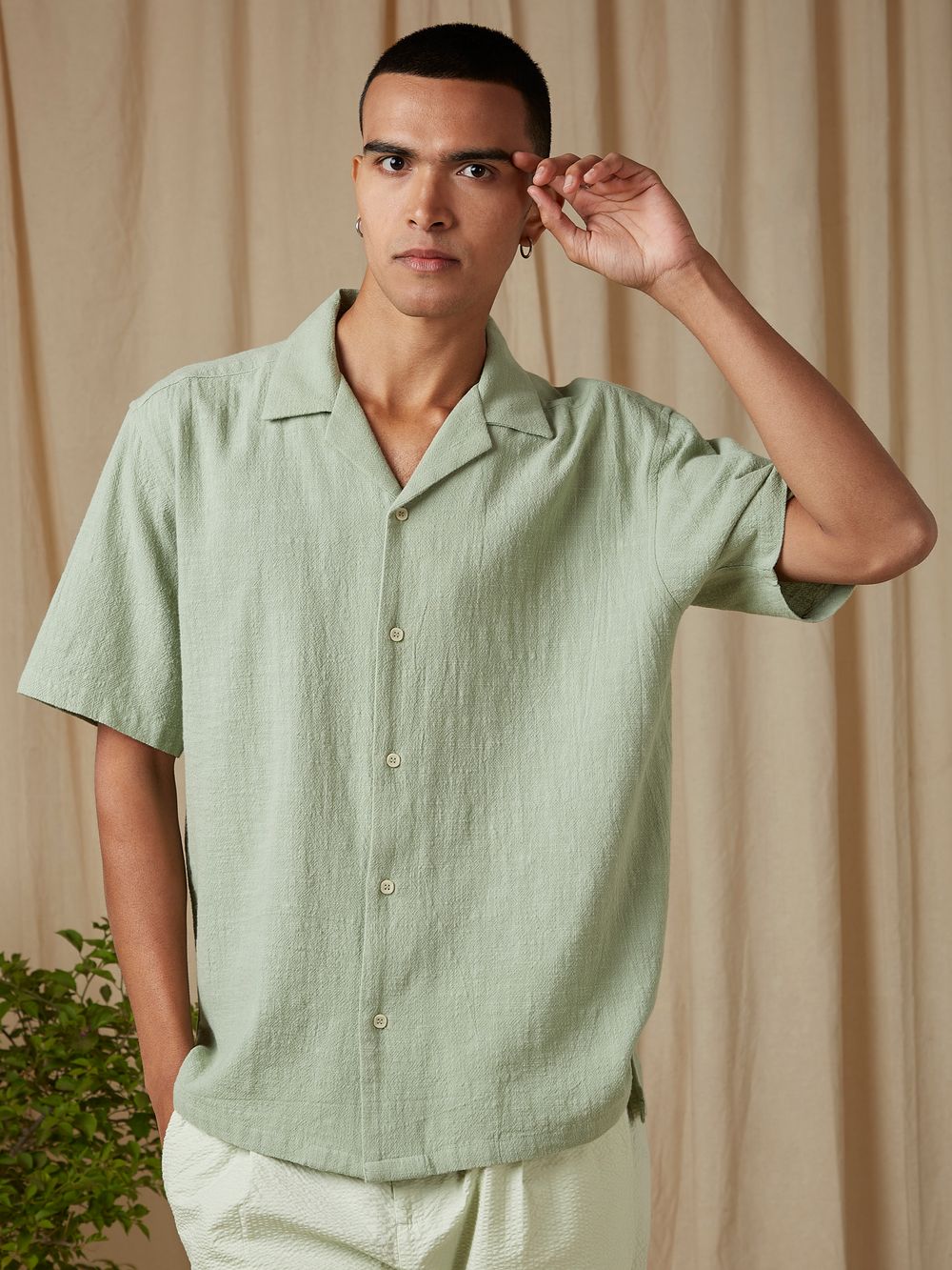 Light Green Textured Plain Loose Fit Casual Shirt