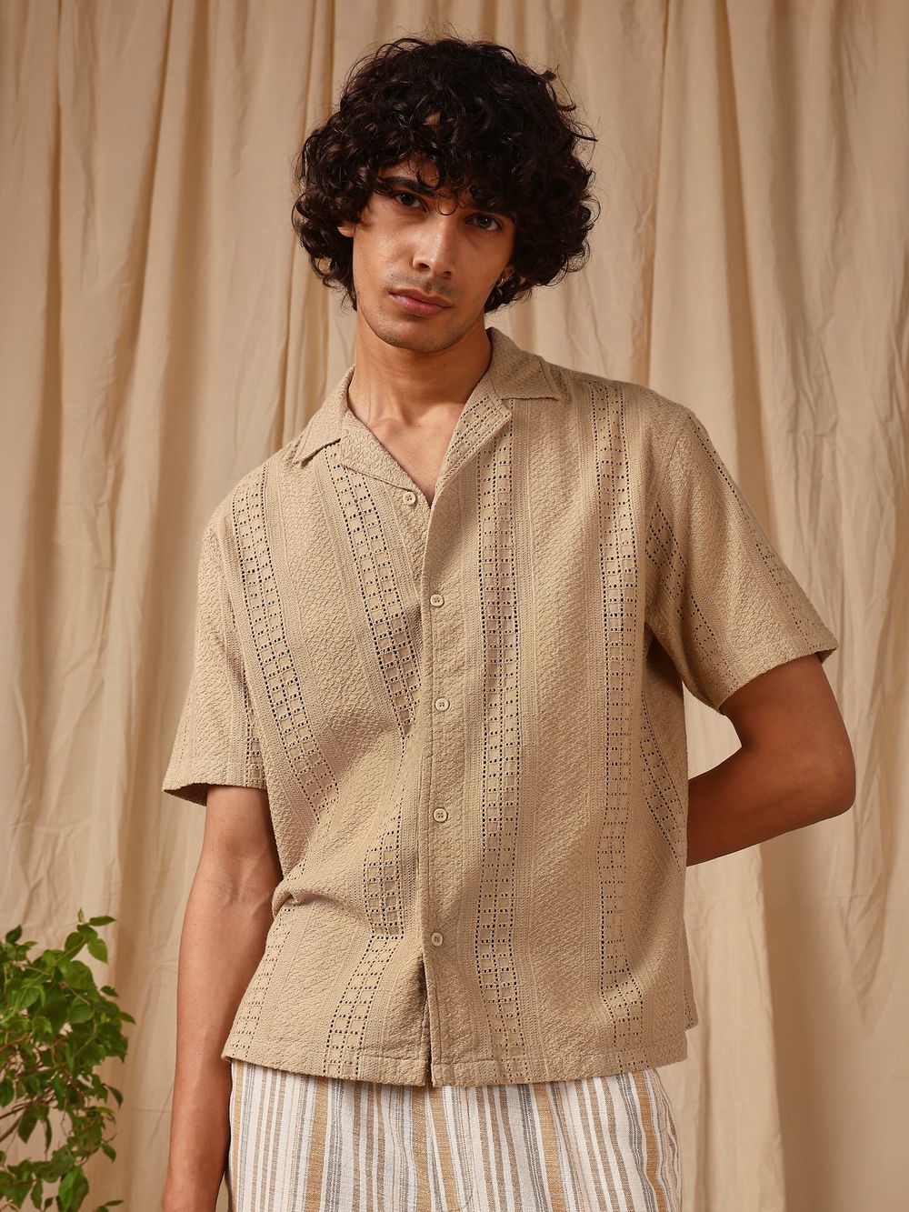 Light Khaki Embroidered Plain Loose Fit Casual Shirt