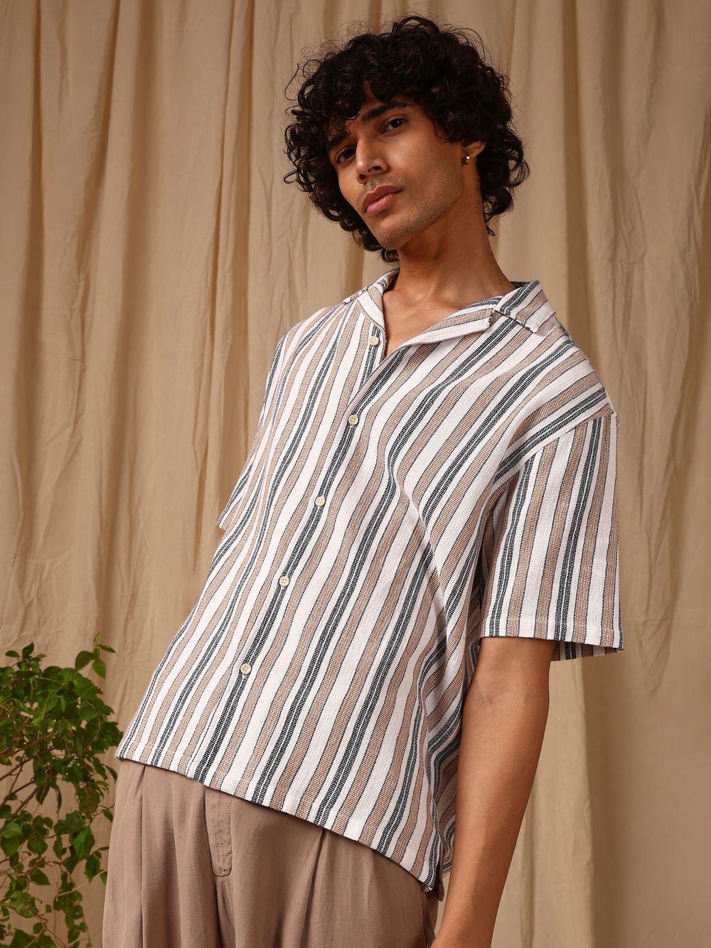 Brown Stripe Loose Fit Casual Shirt