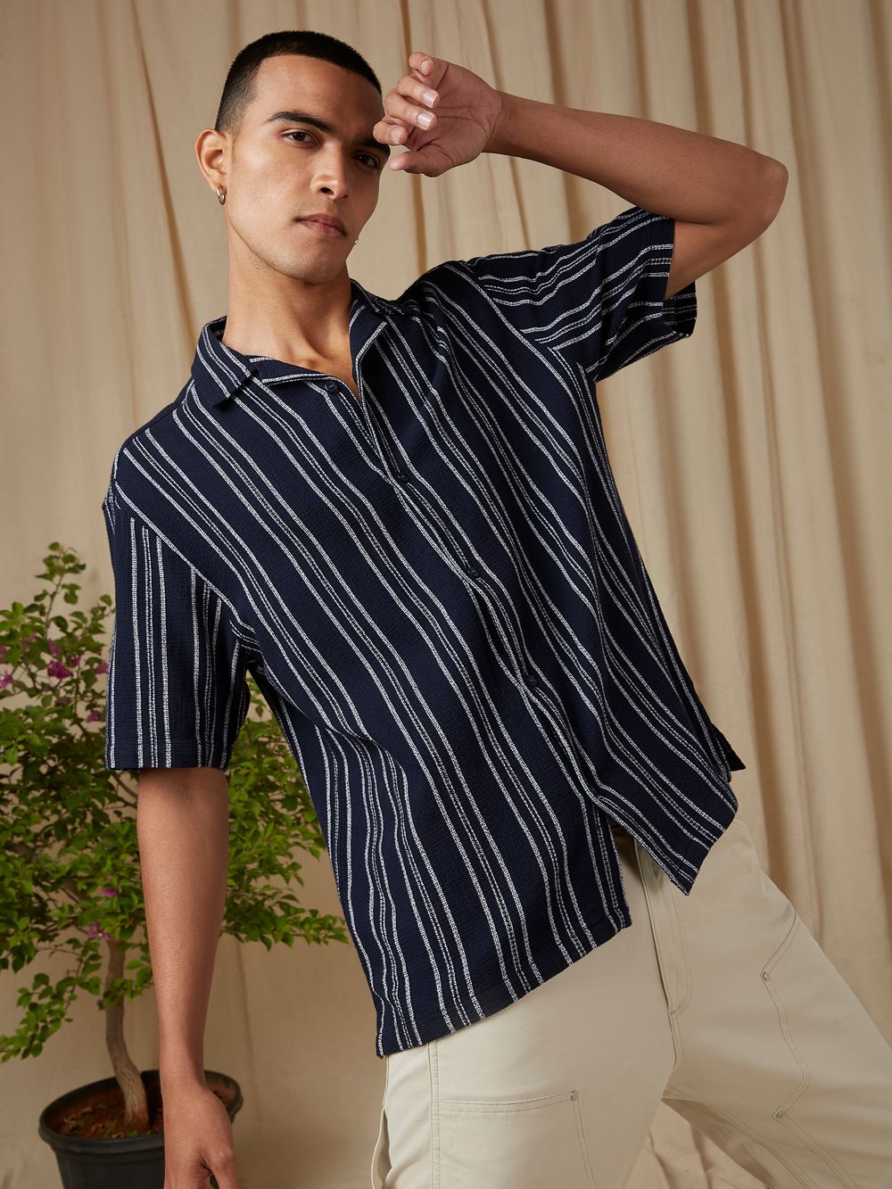 Navy Stripe Loose Fit Casual Shirt
