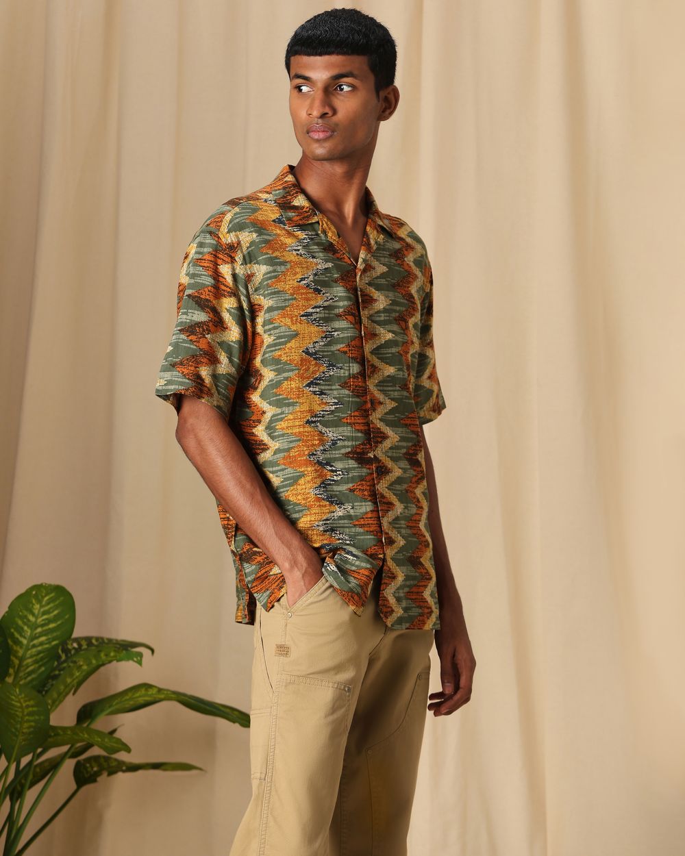 Olive Resort Print Loose Fit Casual Shirt